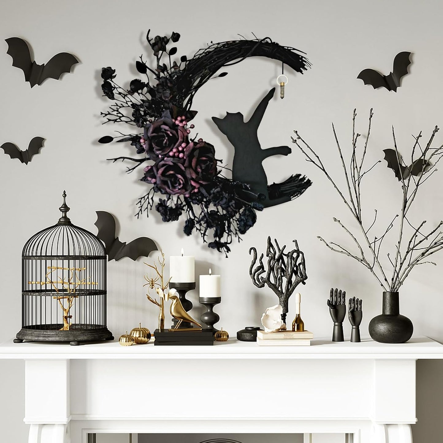Halloween Wreaths for Front Door with Light, Black Cat on Moon Garland with Rose Wreath Decor, Halloween Decorations Crescent Moon Wreath for Home Party Window Wall Indoor Outdoor (black flower)