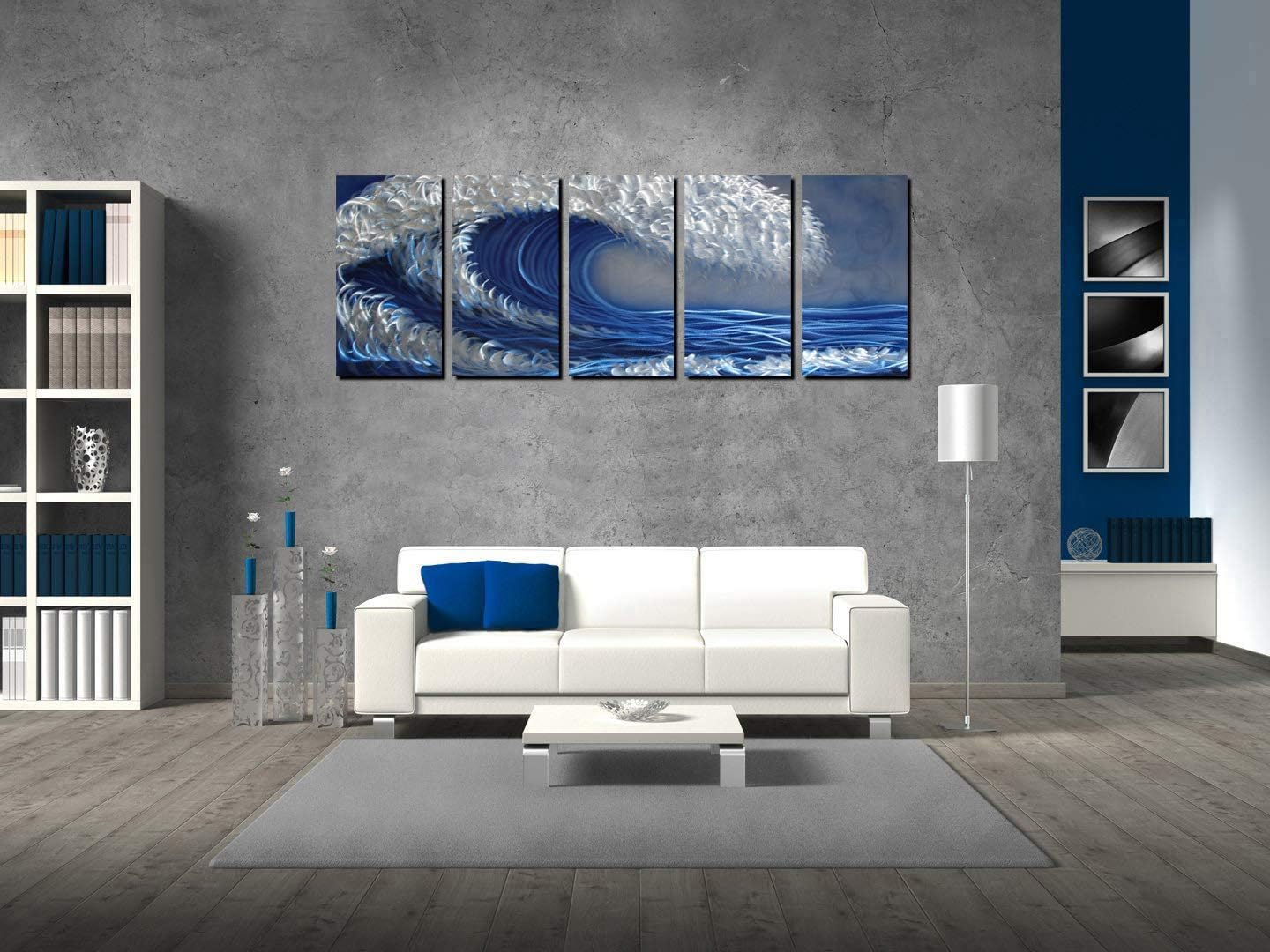 Ocean Metal Wall Art, Handcrafted Abstract Metal Artwork, Large Scale Blue and Silver Wall Art, Unique 3D Aluminum Painting, Great for Indoor and Outdoor, 5-Panels Measures 64" x 24"