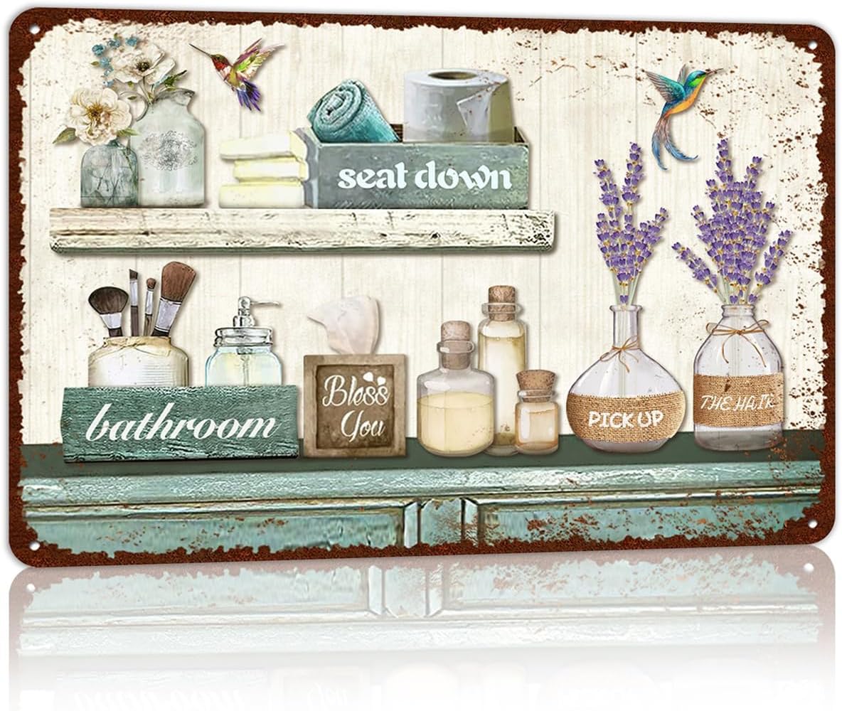 Vintage Farmhouse Bathroom Metal Tin Signs Rustic Flower Country Wall Art Decor 8X12 Inches