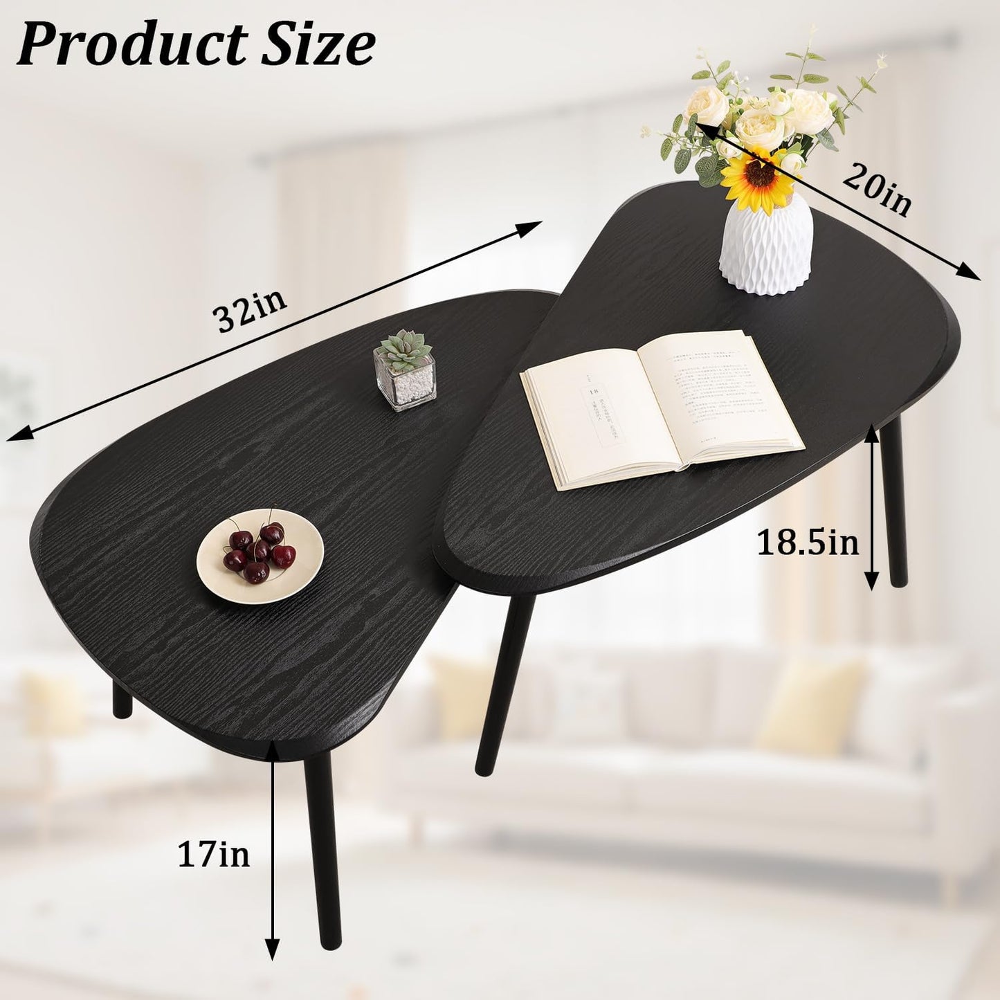 Black Nesting Coffee Tables Set of 2 End Bamboo Table for Living Room Bedroom Apartment Modern Industrial Simple Nightstand 32" D x 20" W x 18.5" H