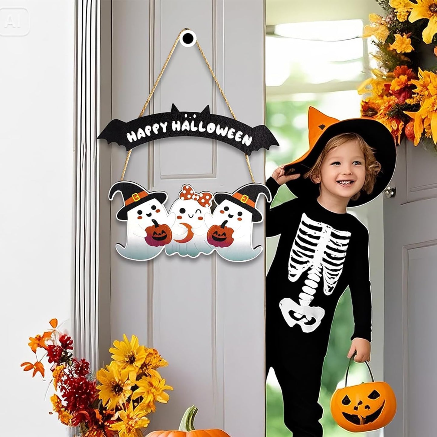 Happy Halloween Wooden Decoration Hanging Plaque Outdoor Wall 2 Pieces Cute Art Sign Wreaths with Ghost Bat Pattern for Home Wall Decor Halloween Party Outdoor Indoor