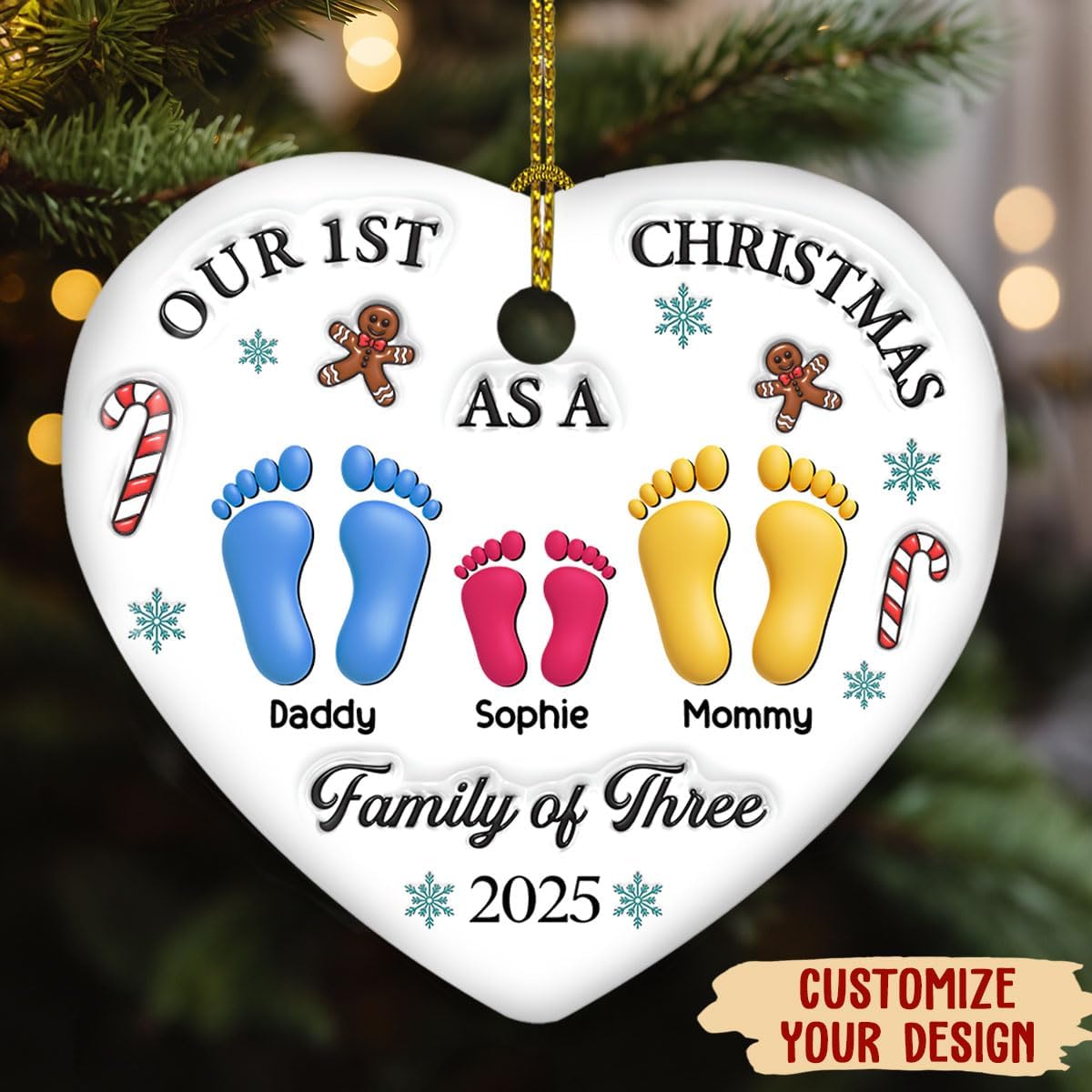 Personalized Custom 3D Effect Heart Ceramic Ornament – Our First Christmas, for Newly Married Couples, Personalized Keepsake