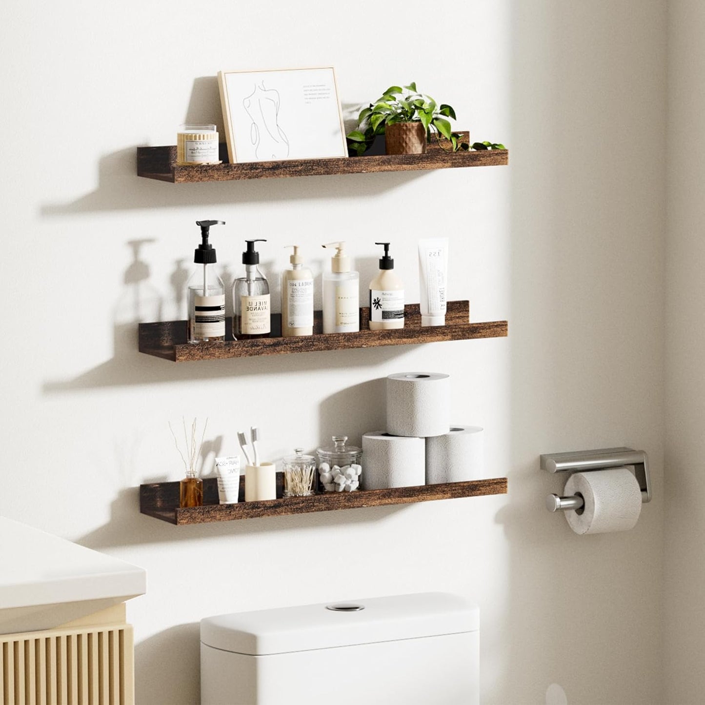 upsimples Floating Shelves for Wall, Wall Shelves for Decor Storage Set of 6, Wall Mounted Wood Shelf for Bedroom, Living Room, Bathroom, Kitchen, 23.6 inch Long Picture Ledge Shelf, Brown