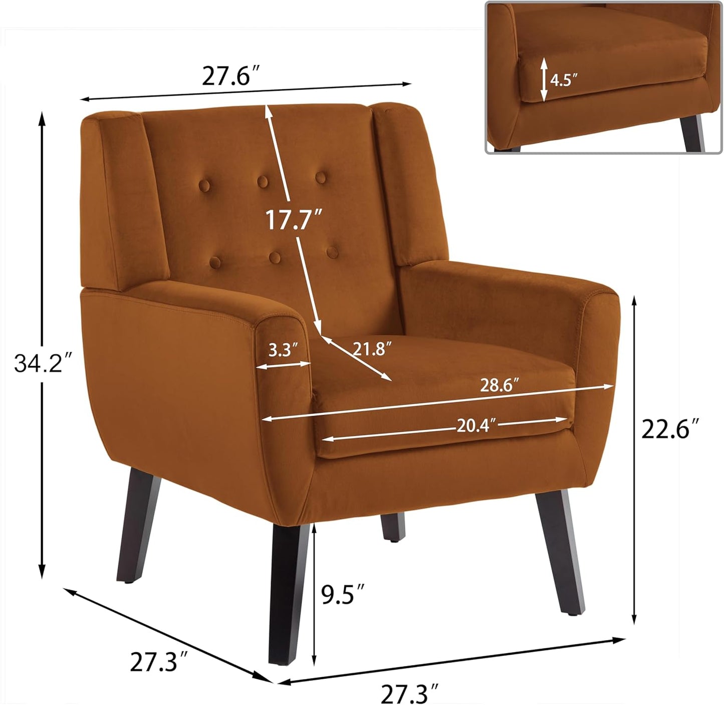 UIXE Accent Chairs Set of 2, Velvet Upholstered Armchair for Living Room, Modern Club Arm Chairs Comfy Single Sofa Button Tufted Bedroom Reading Seat - Orange