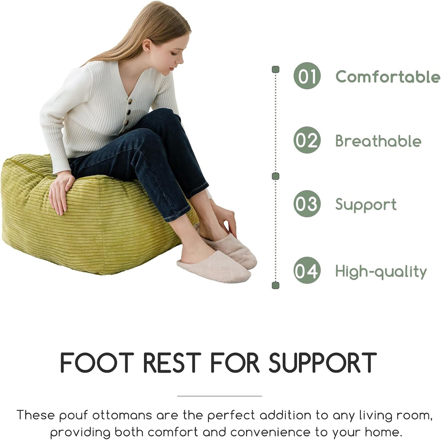 HIGOGOGO Square Stuffed Pouf Ottoman, Corduroy Poufs with Foam Chunk Filling, Furry and Fluffy Pouf Foot Stool Storage Ottoman, 25.6 X 25.6 Floor Poufs Foot Rest for Living Room, Green