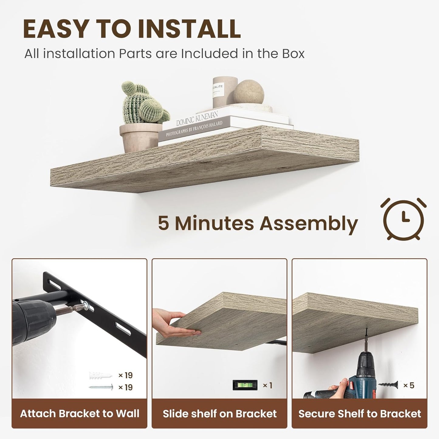 36 Inch Floating Shelves, 12 Inch Deep Floating Shelves for Wall, Floating Shelf with Invisible Brackets, Deep Shelves for Bathroom, Bedroom, Living Room, 2 Pack, Vintage Gray Oak