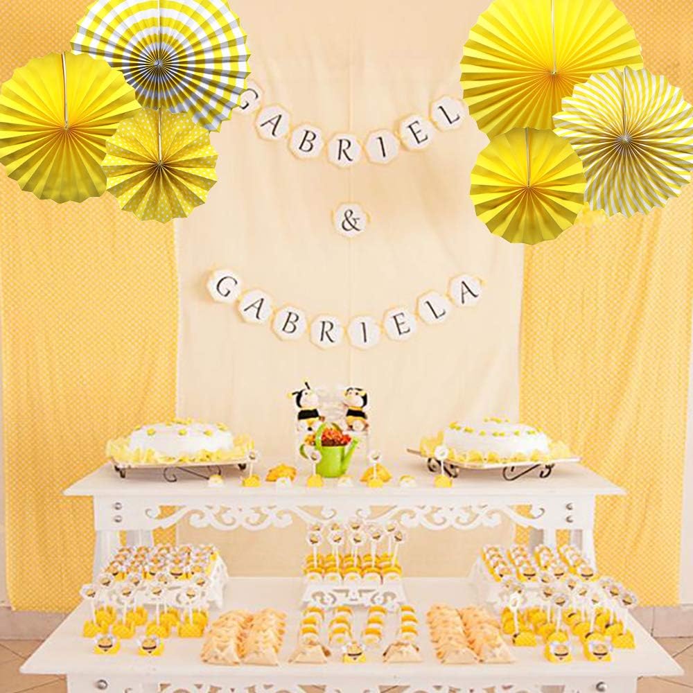 ADLKGG Party Hanging Paper Fans Set, Yellow Round Pattern Paper Garlands Decoration for Birthday Wedding Graduation Events Accessories, Set of 6
