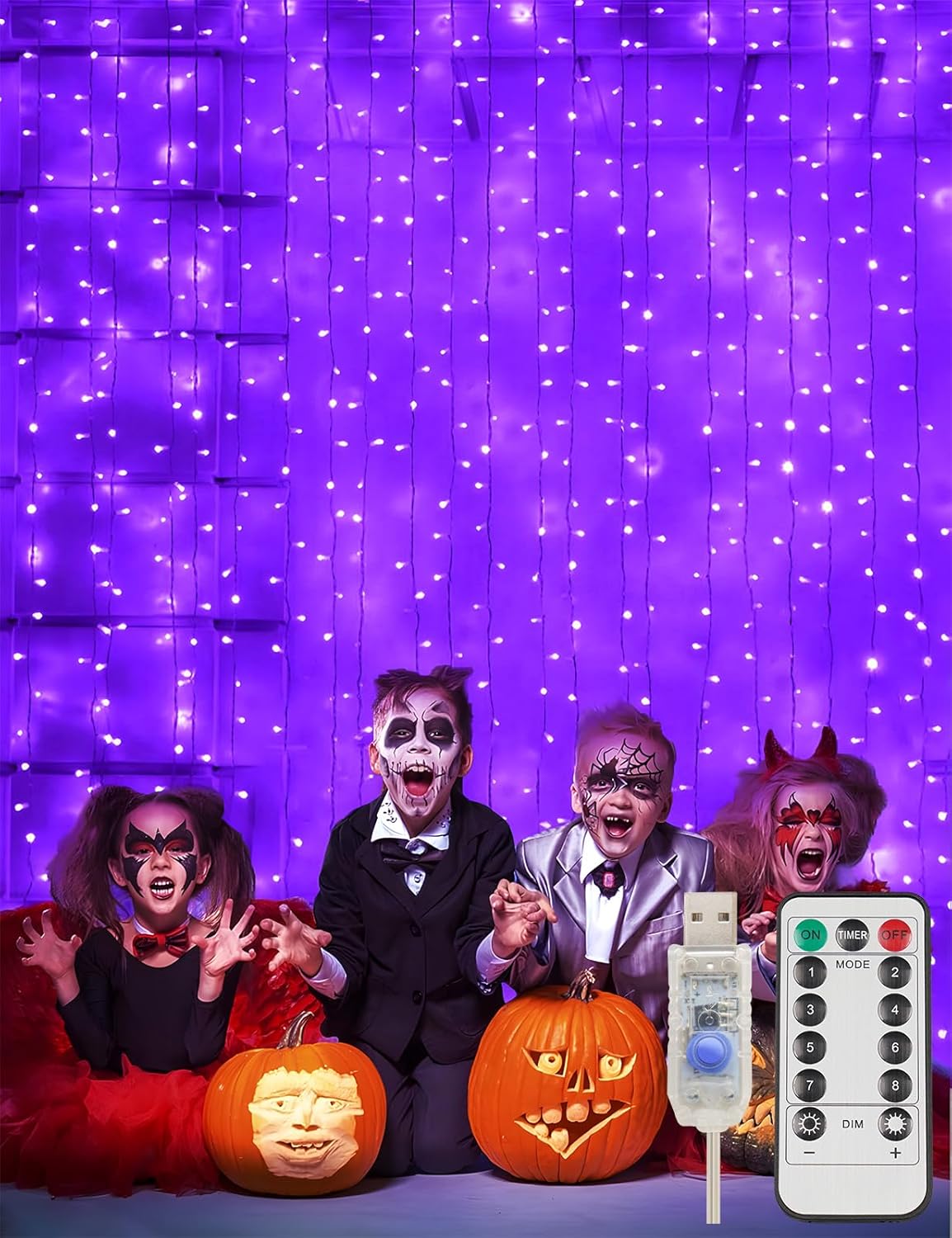 suddus Purple Curtain Lights for Halloween, 200 LED Hanging String Lights with USB Plug, Curtain String Lights Indoor for Bedroom Wall, Christmas, Party, Porch, Holiday Decorations, 6.5ft * 6.5ft