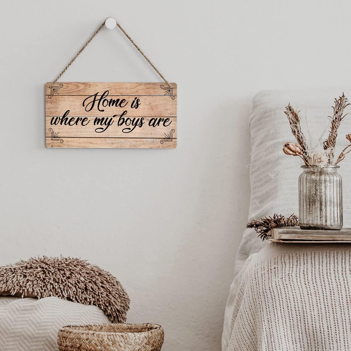 SENJIAN Rustic Family Quote Wood Decor Sign, Home is Where My Boys are Printed Wood Sign Wall Art, Hanging Door Sign, Decorative Wood Sign Home Decor 6" x 12"