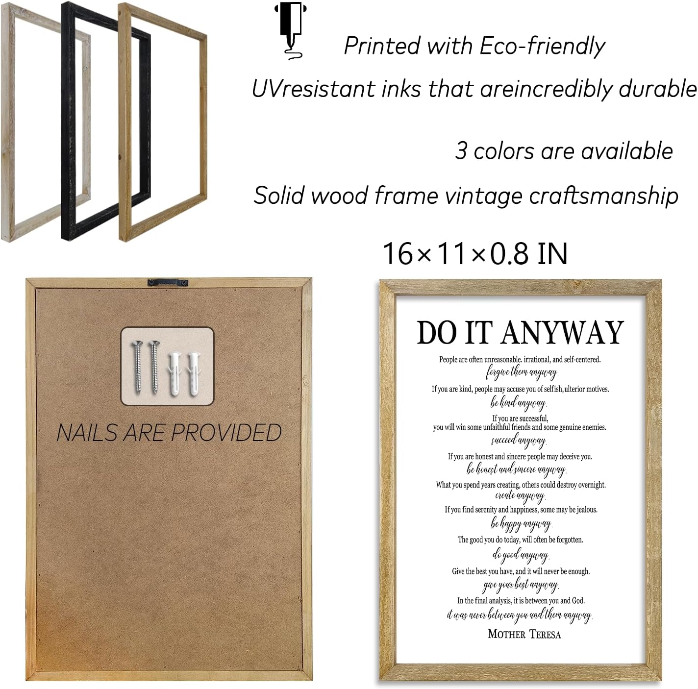 Do It Anyway Mother Teresa Wall Art Decor 16x11 Inch Wooden Framed Wall Hanging Sign (Wood)