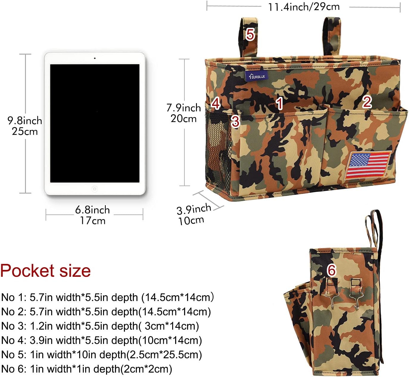 Surblue Bedside Caddy Hanging Organizer Storage Bag Pocket for Bunk, Hospital Beds, College Dorm Rooms, Baby Bed Rails, Wheelchair Side Bag, Camp Chairs, 4 Pockets and 2 Hooks (Small Desert)