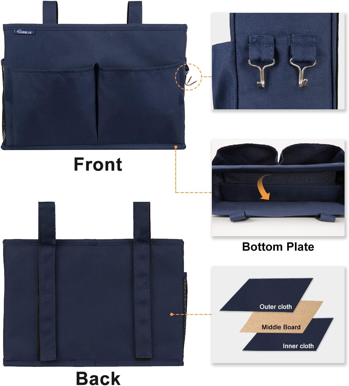 Surblue Bedside Caddy Hanging Organizer Storage Bag Pocket for Bunk, Hospital, College Dorm Rooms, Baby Bed Rails, Camp - 4 Pockets, 2 Hooks (Blue)