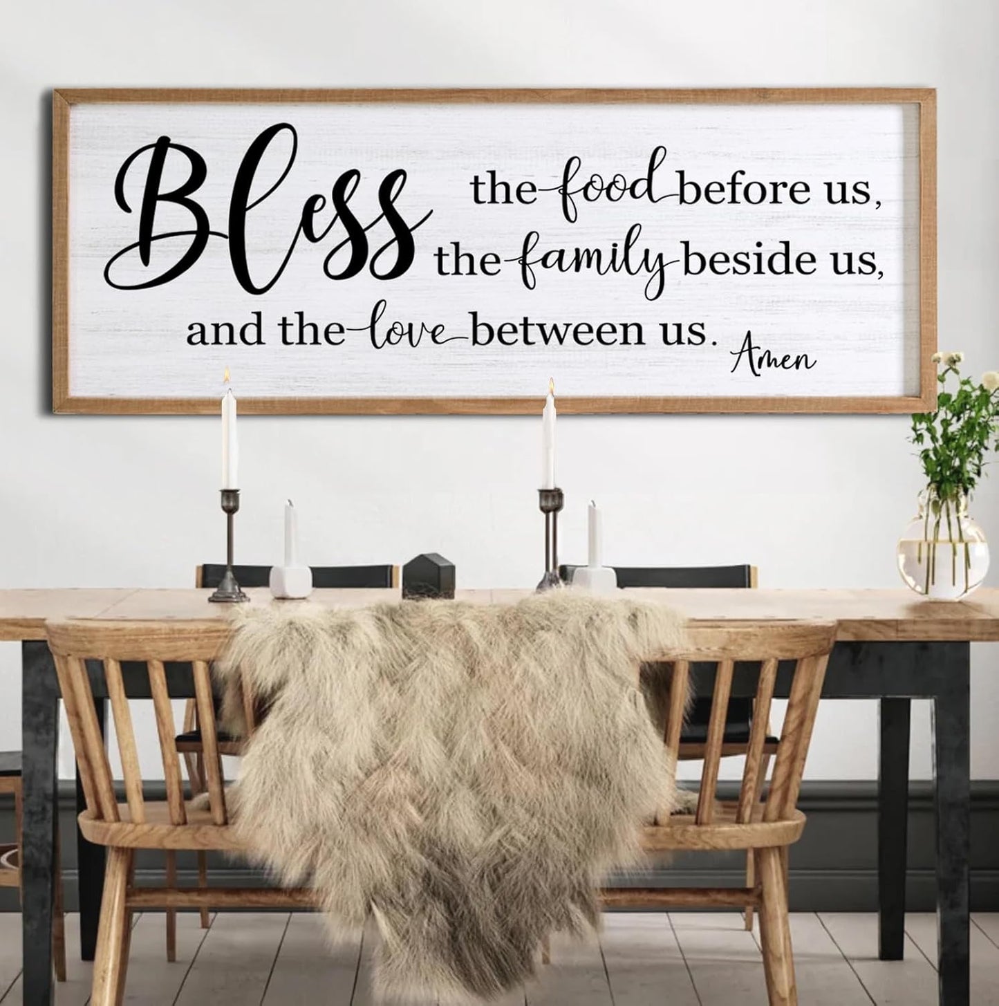 Bless the Food Before Us, the Family Beside Us, and the Love between us Framed Wall Art for Dining Room, 40''×15'' Holy Positive Religious Rustic Bible Verse for Christian God Jesus Christ Prayer