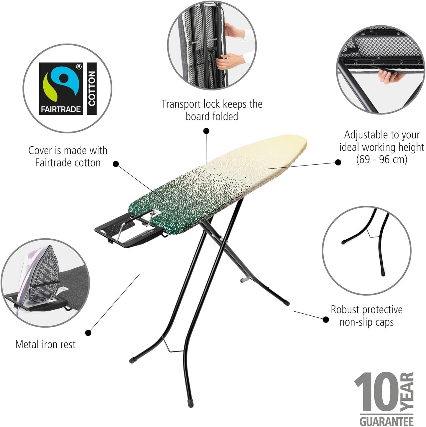 Brabantia Size A Compact Small Ironing Board (43x12 in) 7 Height Options, Adjustable Steam Iron Rest Holder (New Dawn) Non-Slip Feet, Anti-Collapse Child Locks