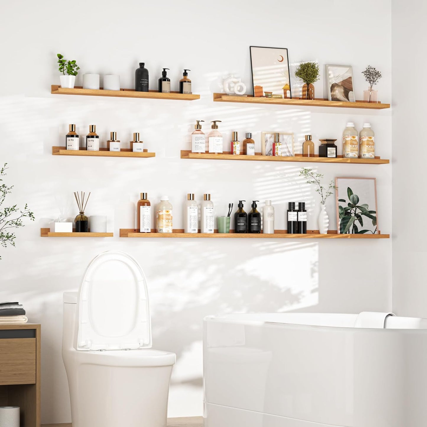 Heimlove Picture Ledge Shelf, Floating Shelves Set of 2, 48 Inches Picture Shelf for Wall with Ledge, Kids Bookshelf Wall Mounted for Living Room Bedroom Decor Books Photo Frames, Natural Oak