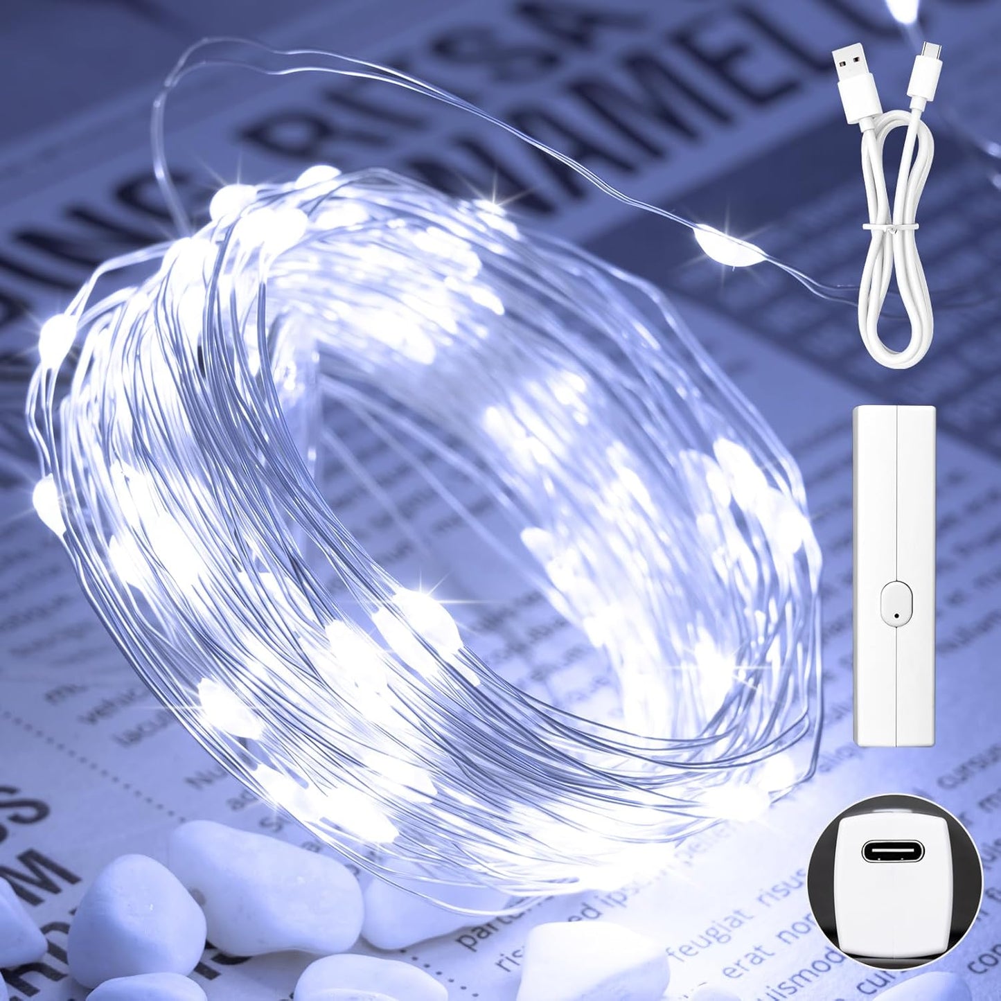 Lakumu LED String Lights Battery Operated, Rechargeable Fairy Lightswith Timer, Mini Twinkle Lights for Bedroom, Christmas Decorations, Wedding, Vine, Centerpiece Table Decor (10M/33FT Cool White)