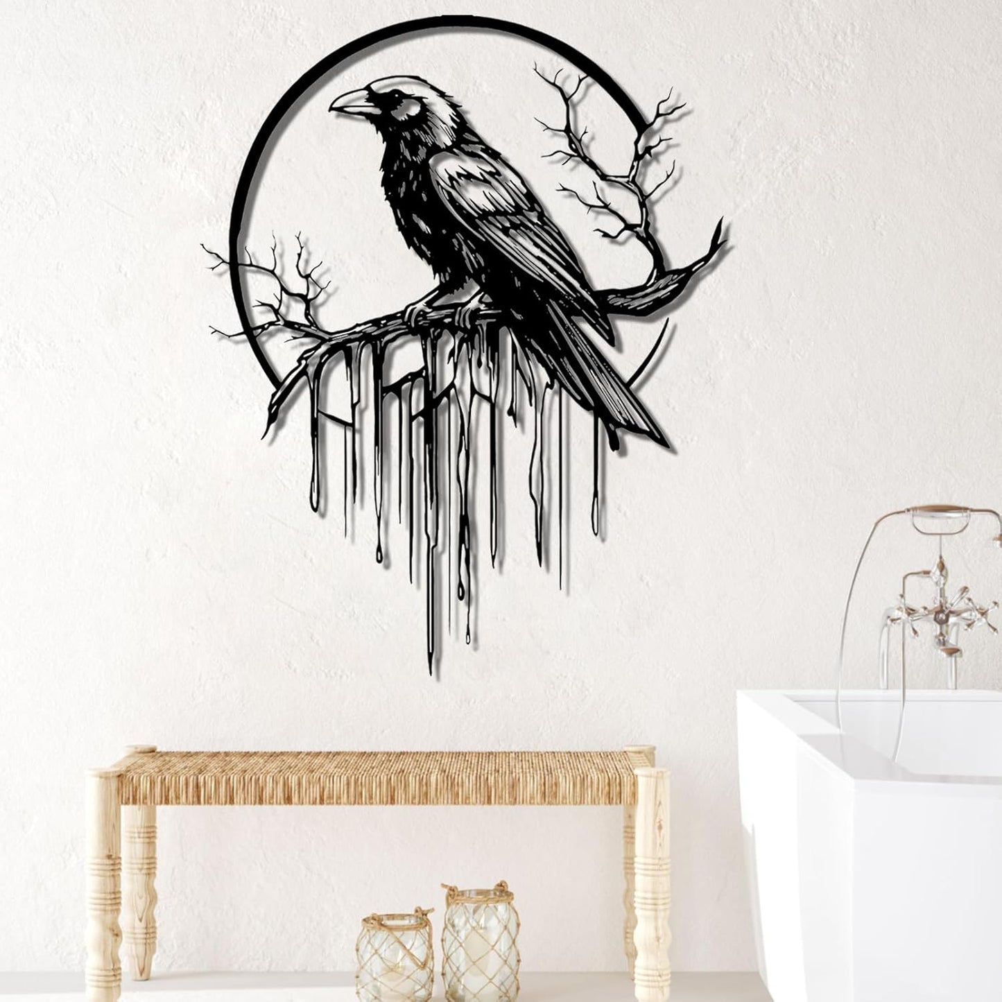 Crow Metal Wall Decor, Raven Wall Art, Large Gothic Raven Decor Hangings, Bird Wall Decor, Metal Tree Branch Decor, Ravens Sign, Raven Art for Living Room (Silver, 39"x31" | 100x80cm, metal wall art)