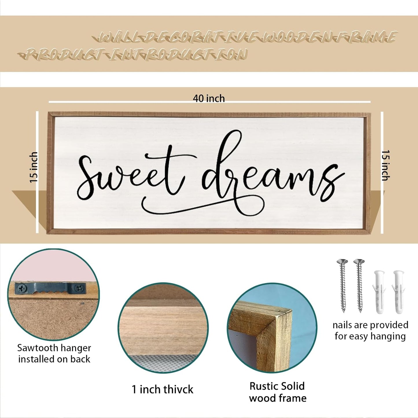 comurdyo Sweet Dreams Wall Decor Above Bed Sign 40" x 15" Master Bedroom Wooden Antique Framed Large Rustic Farmhouse Guest Room Beautiful Simple Hanging Plaque Over Bed Wall Art (Wood)