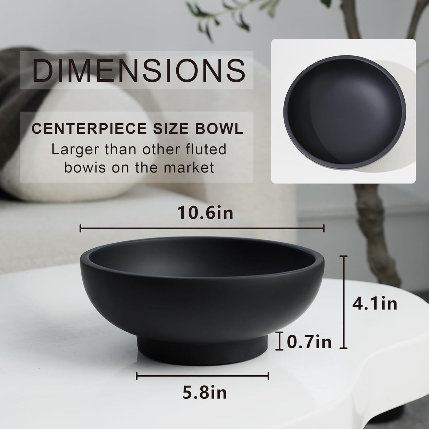 Large Black Decorative Bowl for Home Decor - Modern Concrete Fruit Bowl for Kitchen Counter or Coffee Table