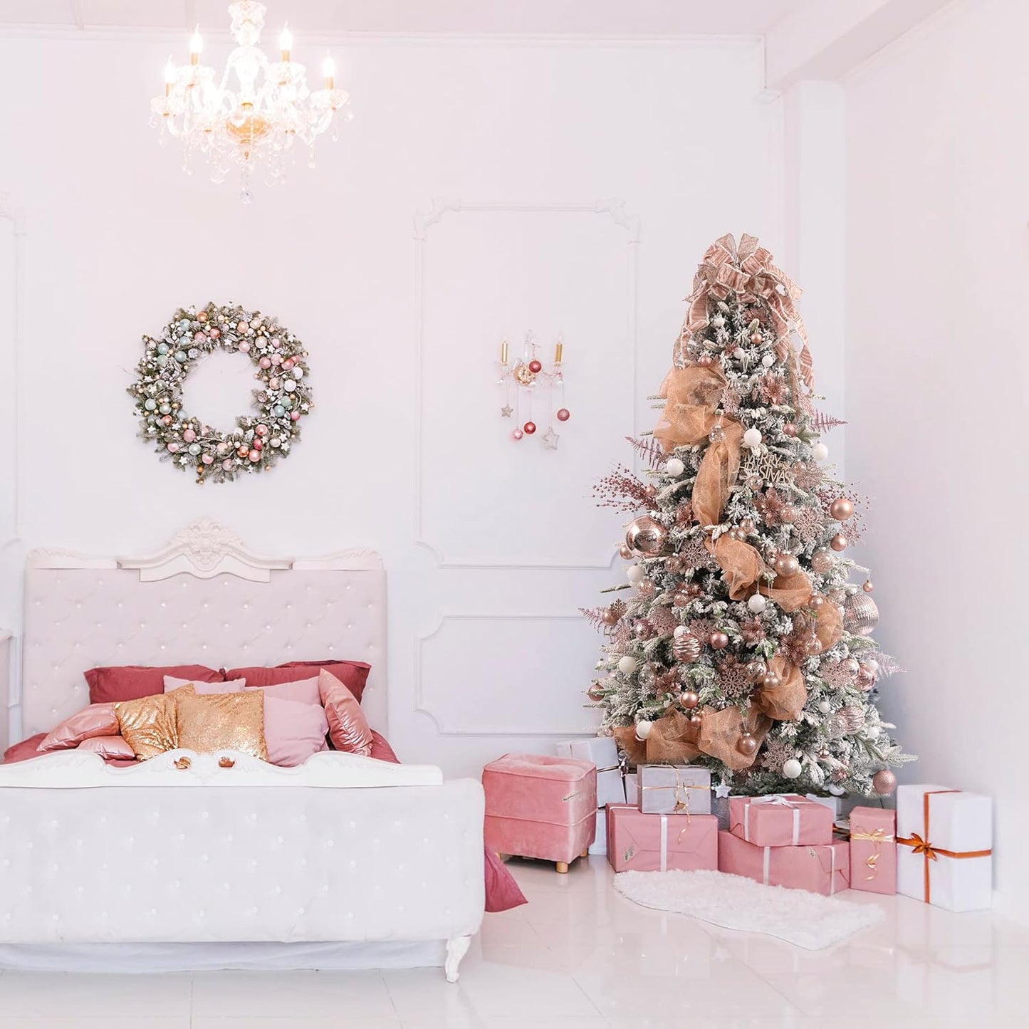 Clear Christmas Ball Ornaments,24ct Shatterproof Plastic Decorative Christmas Ornaments Hanging Xmas Tree Baubles Set with Stuffed Delicate Glittering Decorations for Holiday Party Decor(Rose Gold)