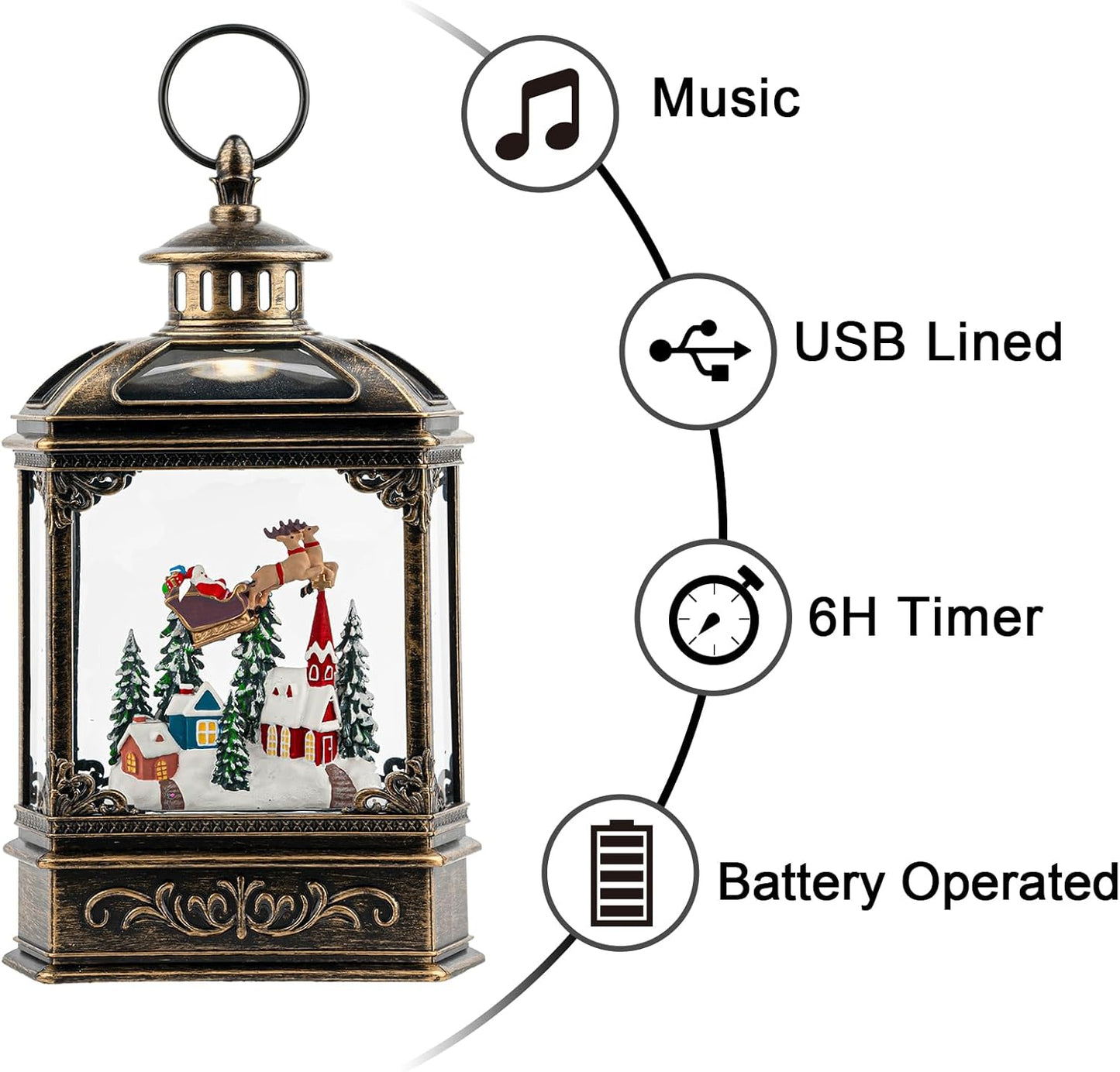 Christmas Snow Globe Swirling Glittering Lantern Santa Flying with Reindeer, USB Lined/Battery Operated Lighted Water Lantern for Christmas Festival Decoration Gifts
