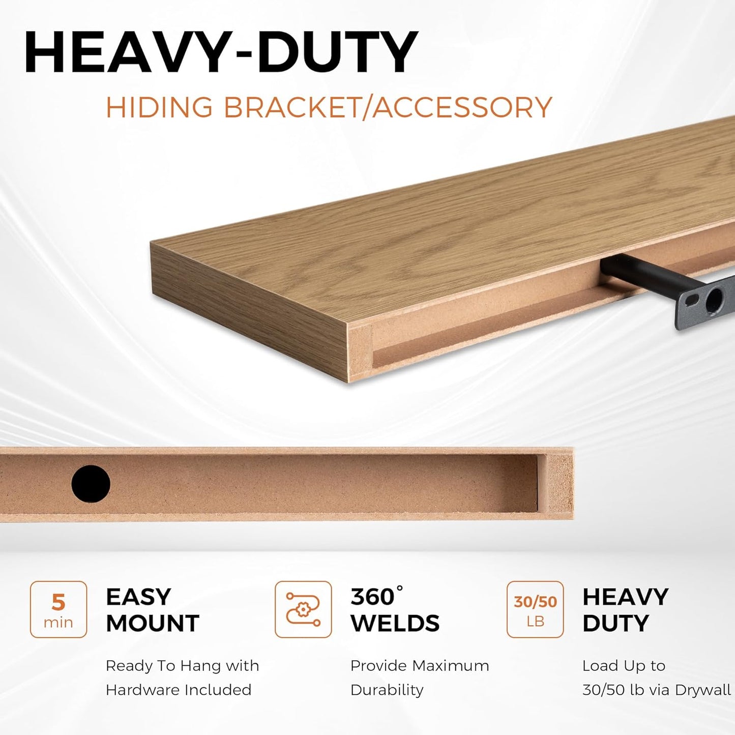 Fun Memories Floating Shelves for Wall, 24" Rustic Wood Deep Wall Mounted Shelves with Invisible Brackets for Decor & Storage, Floating Shelf for Living Room, Bathroom (Oak, Set of 2)