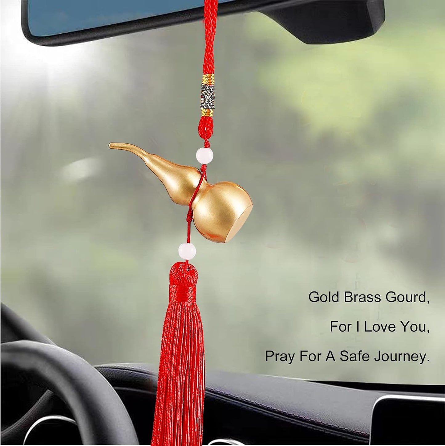 Feng Shui Brass Wu Lou Golden Gourd with Red Luck Strip Treasure Pendant for Bedroom,Car Hanging Ornaments,Fortune Protection,Hu Lu Bring Good Luck Safty Success,2.75inch Tall,Full Brass
