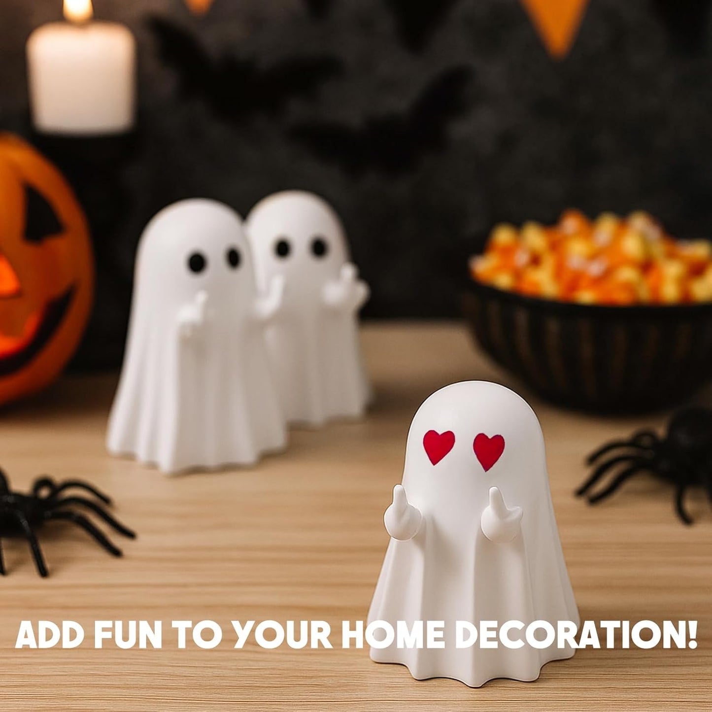 Halloween Ghost Figurine, Funny Middle Finger Spooky Resin Statue, Cute Heart Ghost Decor for Halloween Decorations Indoor, Porch and Indoor Spooky Home Party Decor Gifts
