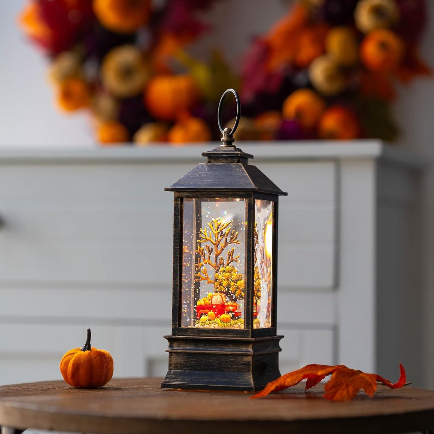 Fall Snow Globe Lantern Thanksgiving Glittering Lighted Lantern, Fall Harvest Day Decorations Gifts, Home Fall Halloween Decor (Pumpkins &Truck)