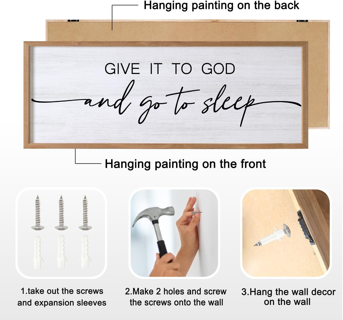 Give It to God and Go to Sleep Decorative Rustic Sign & Plaque Framed Wall Art for Couples, 40''×15'' Vintage Cottagecore Wooden Horizontal Wall Decor Above Bed, Farmhouse Wedding Gift for Bedroom