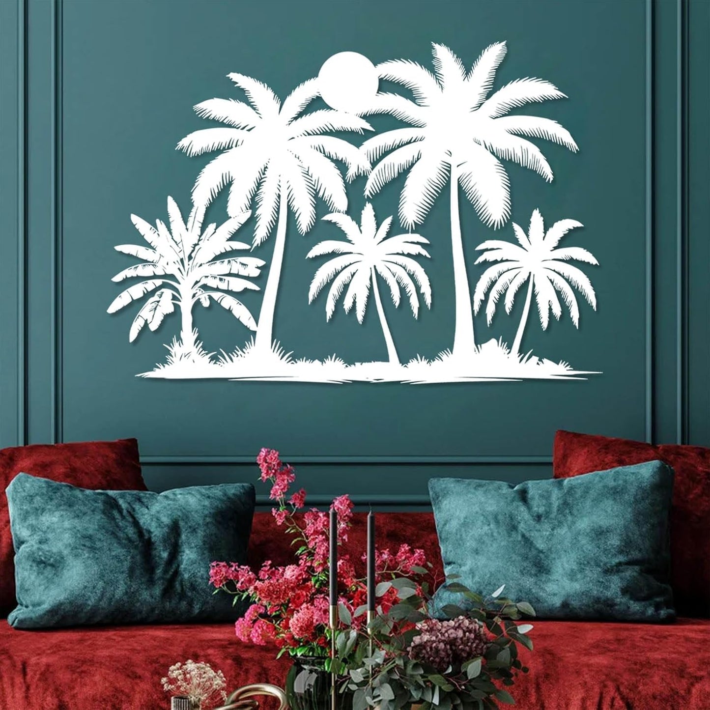 Tuglona Metal Palm Tree with Sunset Wall Decor, Tropical Palm Tree Metal Wall Art, Tropical Wall Decor, Sun Wall Art, Beach Wall Decoration, Coastal Trees Wall Hanging (White, 48"x33"/121x84cm)