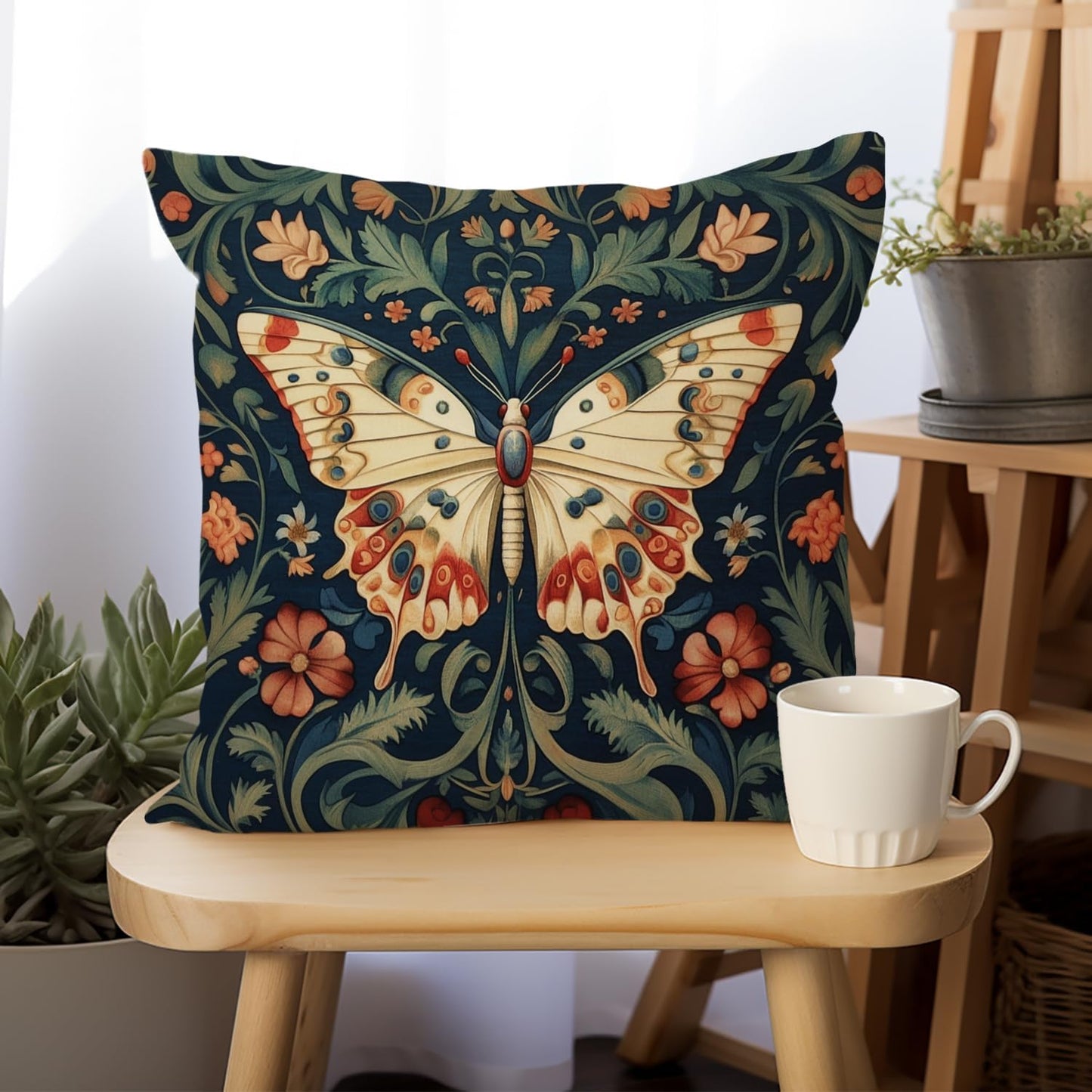 William Morris Abstract Vintage Floral Velvet Butterfly Design Throw Pillow Covers Home Decor, Retro Art Deco Pillowcase Cushion Cover for Bed Sofa Living Room, Square 18x18inch (Beige-Butterfly)