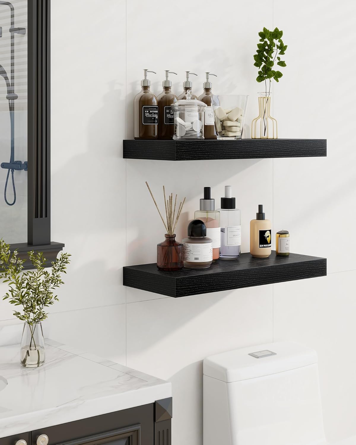 Marsmiles 30" Floating Shelves for Wall, Wooden Shelves with Invisible Brackets Set of 2, Rustic Farmhouse Wall Mounted Shelf for Kitchen Bathroom Living Room Study, Black