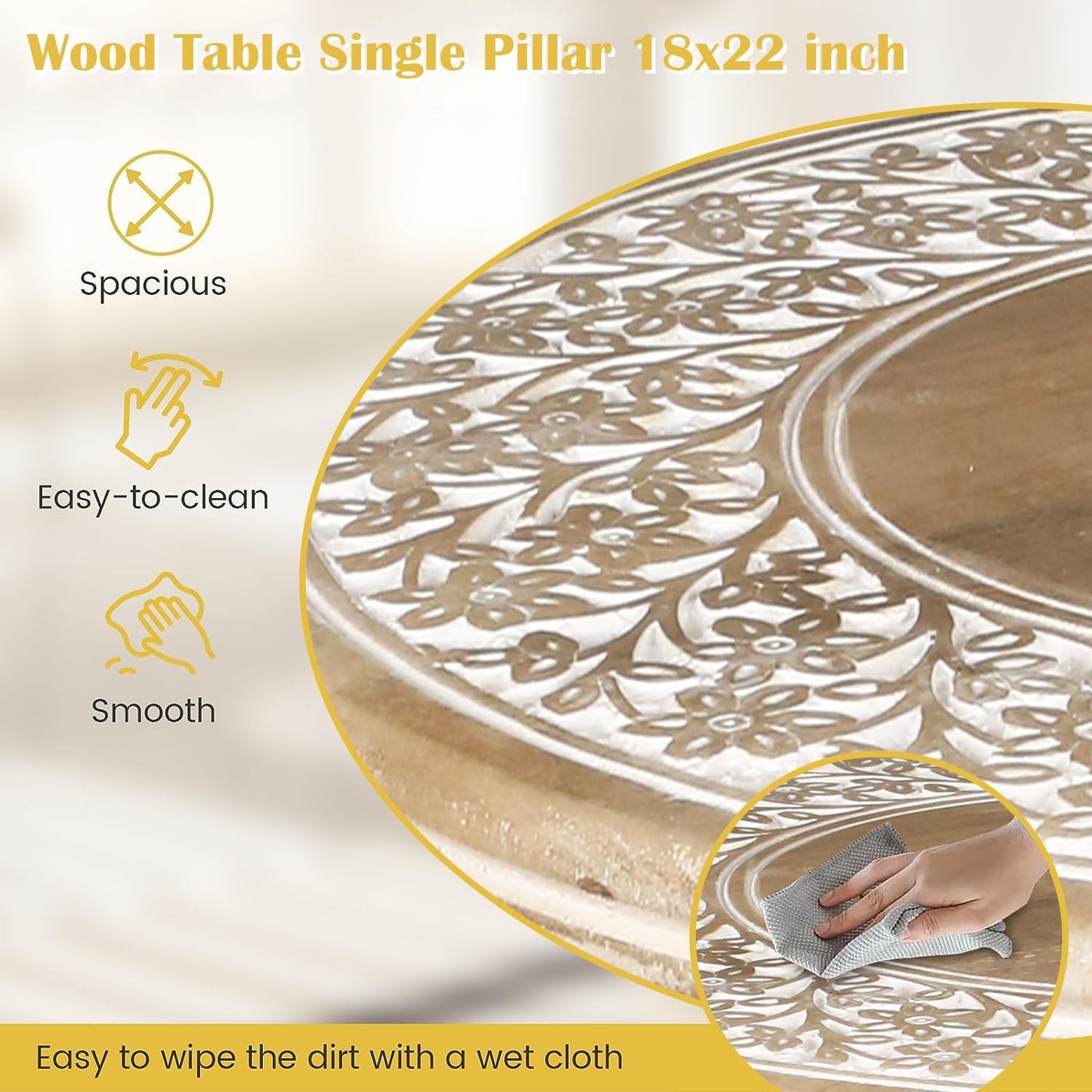 Lightnpro Carved Round End Table with Single Pillar - Handcrafted Accent Bedside Nightstand Side End Table for Living Room, Entryway, Vintage Desk for Books, Plants & Décor - 18x22 Inch - White Wash