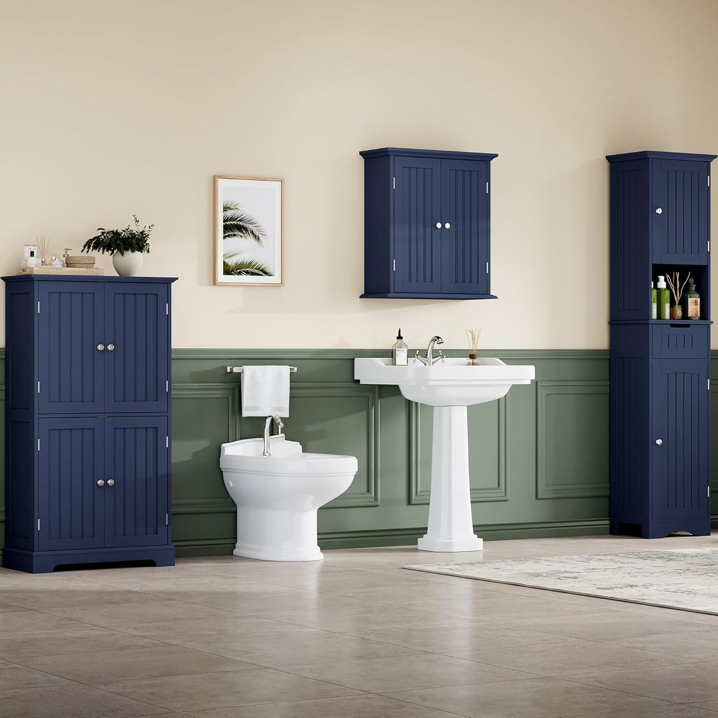 ChooChoo Bathroom Floor Cabinet, Modern Bathroom Storage Cabinet with 4 Doors and Adjustable Shelves, Freestanding Cupboard for Living Room, Navy Blue