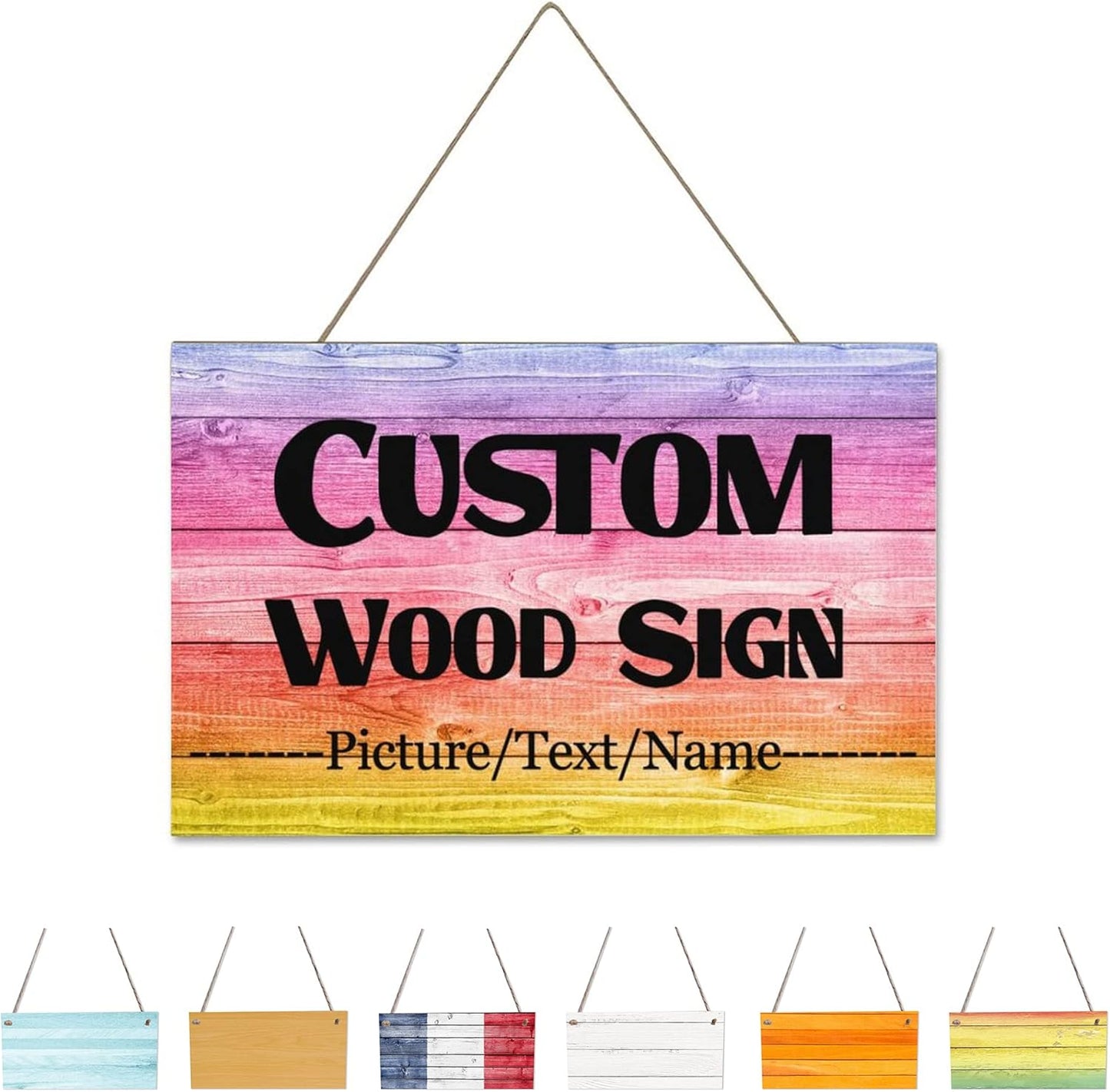 Custom Wood Sign With Hanging String, Personalized Wooden Name With Text Logo Photo, 20 Fonts, 100 Colors, Design Your Welcome for Front Door, Farmhouse 15.7x9.8 Inch