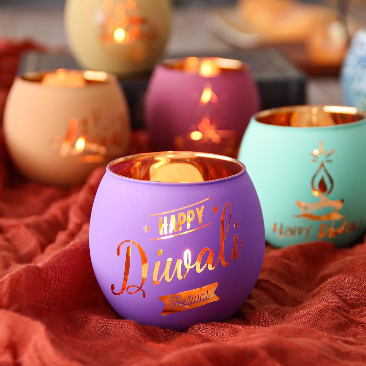 SHMILMH Diwali Gifts 6 PCS Happy Diwali Decorations for Home, Colorful Glass Tealight Votive Candle Holder for Party, Table Centerpiece Deco