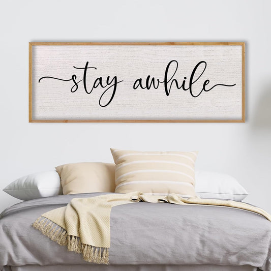 LuZhiQiang Stay Awhile Home Sign Wall Decor 40"X15" Large Solid Wood Frame For Hallway Living Room Entryway Wall Art Hanging (Wood)