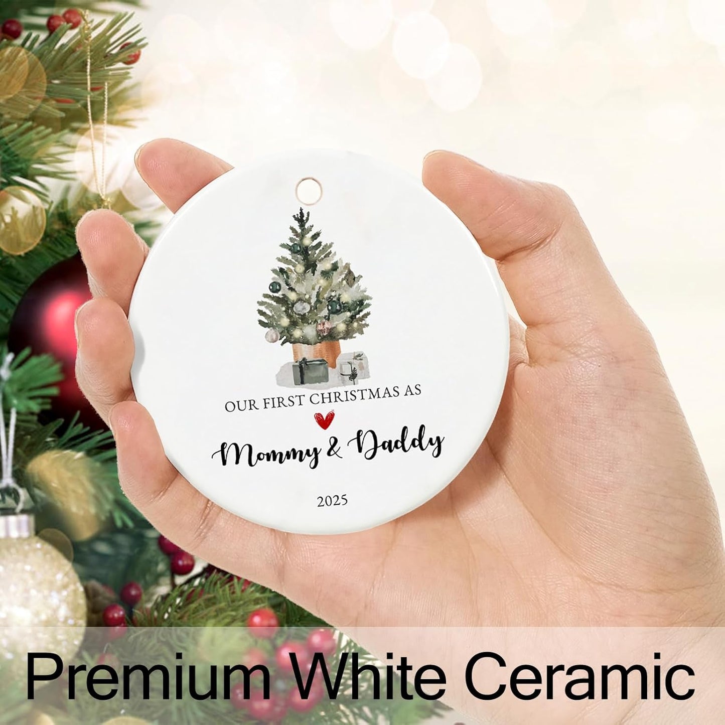 Our First Christmas as Mom and Dad Ornament 2025,New Mom and Dad Gifts 2025, Ceramic Keepsake New Parents Ornaments with Ribbon and Gift Box