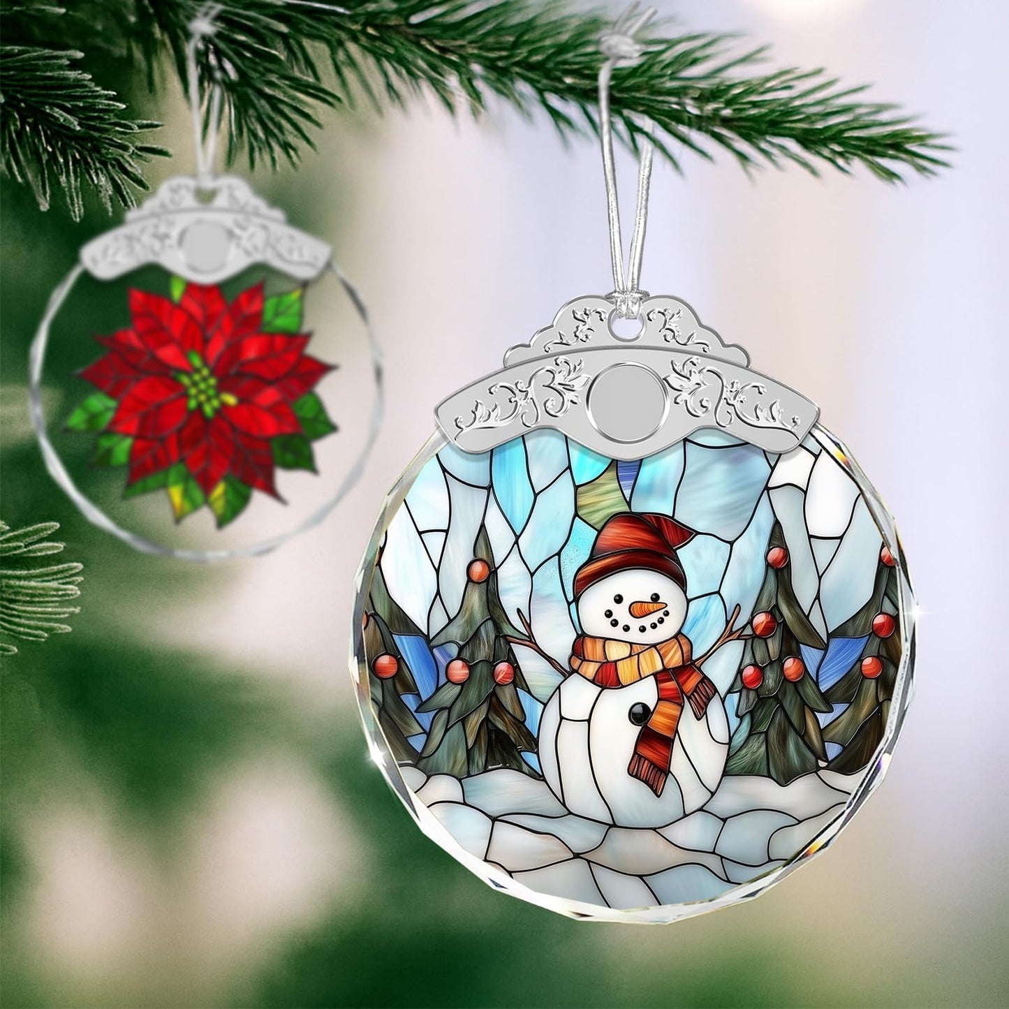 Stained Glass Ornament - Snowman Christmas Ornaments - Xmas Decor - Ornaments for Christmas Tree - Holiday Presents - Gift Exchange Ideas - Car Hanging Decoration - Wine Bottle Decor
