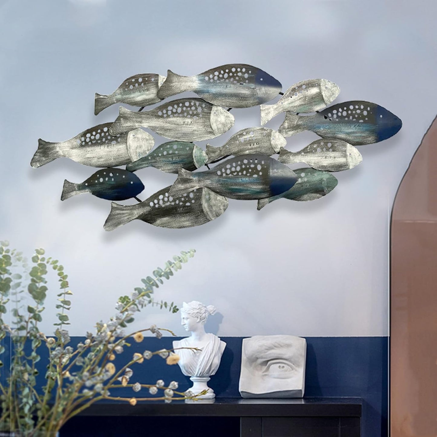 edaknez Coastal Metal Fish Wall Decor, Large Nautical Wall Art, School of Fish Wall Sculpture, for Living Room, Bedroom Beach or Ocean Decor (C 50 inch x 21 inch)