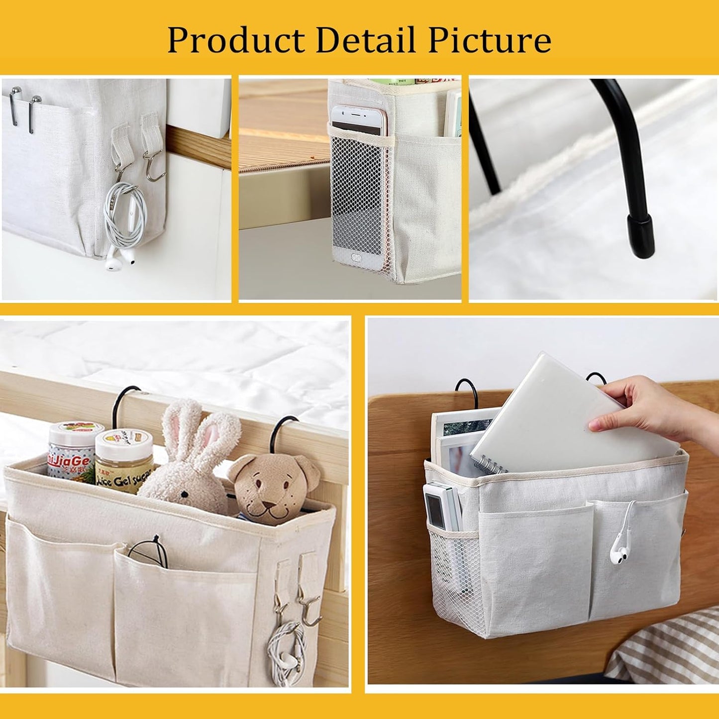 Bedside Caddy Organizer/Bedside Hanging Storage Bag Multi-Function Caddy for Bunk bed Hospital Beds Dorm Bed Rails, Holders Books Glasses Phones Magazine(White)