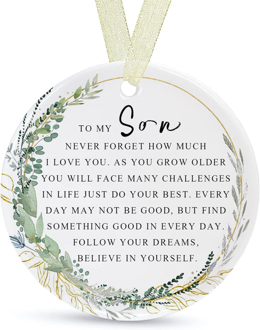Son Ornaments 2025 Son Christmas Forever Ornament Best Ever Gift Double-Sided Printing Ceramic with Gift Box&Ribbon (2.9"