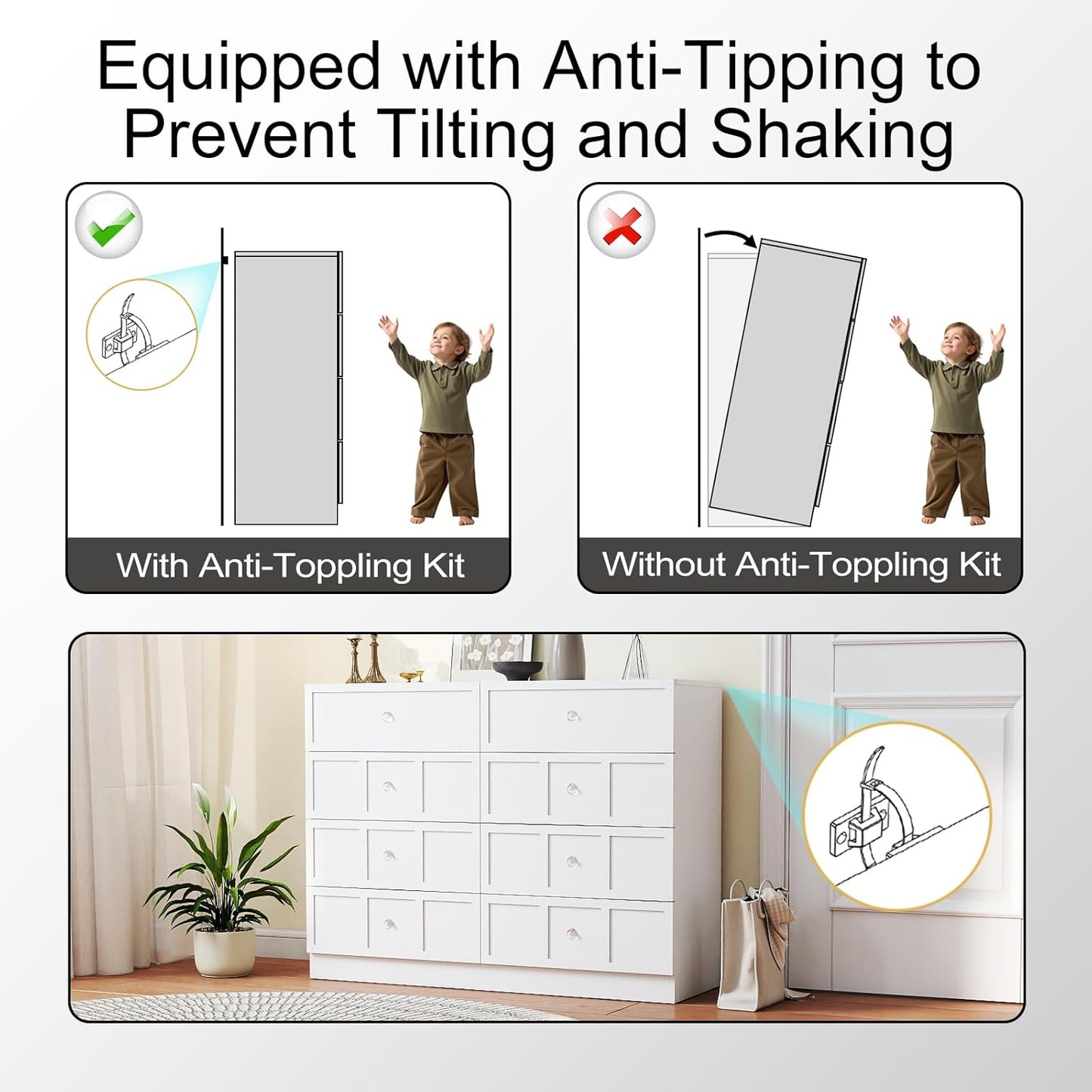 Wood Dresser for Bedroom 8 Drawer: 47" White Chest of Drawers Wood, Modern Fluted Cabinet with Sturdy Storage, Wide Aesthetic Furniture for Room Organization