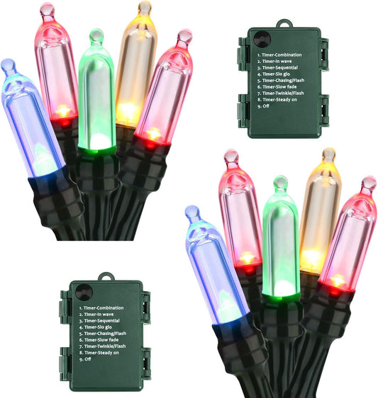 BrizLabs Christmas Lights Multicolor, 2 Pack 17.94ft 50 LED Christmas String Lights, Battery Xmas Tree Light Outdoor/Indoor, Green Wire 8 Modes Mini Xmas Light for Holiday Tree Wreath Lawn Party Decor