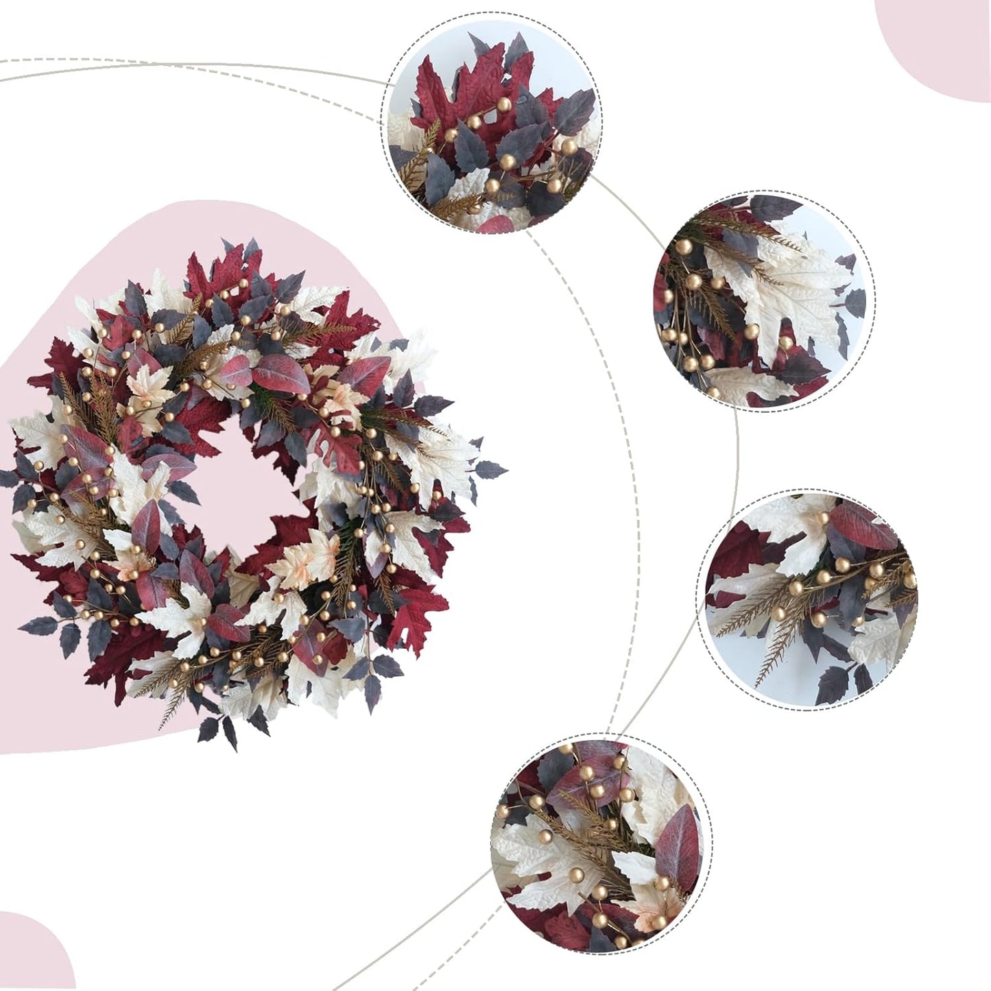 Maple Leaves Pearl Fall Wreaths- 22 Inch Autumn Wreath with Gold Pearl Accents & Grapevine Base, Farmhouse Style for Front Door Wreaths for Thanksgiving Harvest Indoors/Outdoors