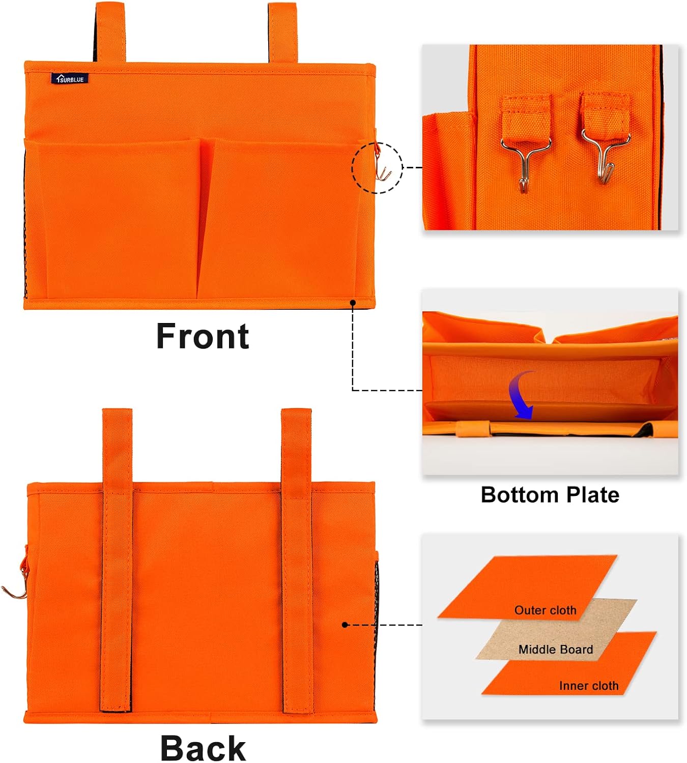 Surblue Caddy Hanging Organizer Bedside Storage Bag for Bunk and Hospital Beds, Orange, Small