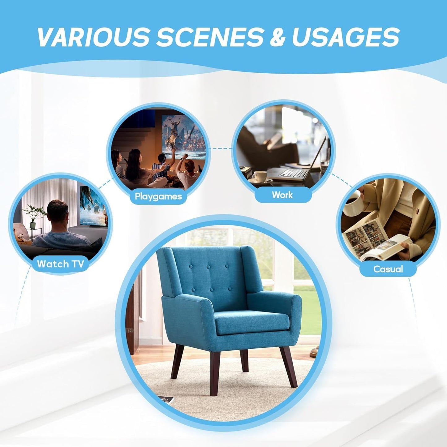 HUIMO Accent Chairs Set of 4, Upholstered Button Tufted Armchair, Linen Fabric Sofa Chairs for Bedroom, Living Room, Mid Century Modern Comfy Reading Chair (Lake Blue)