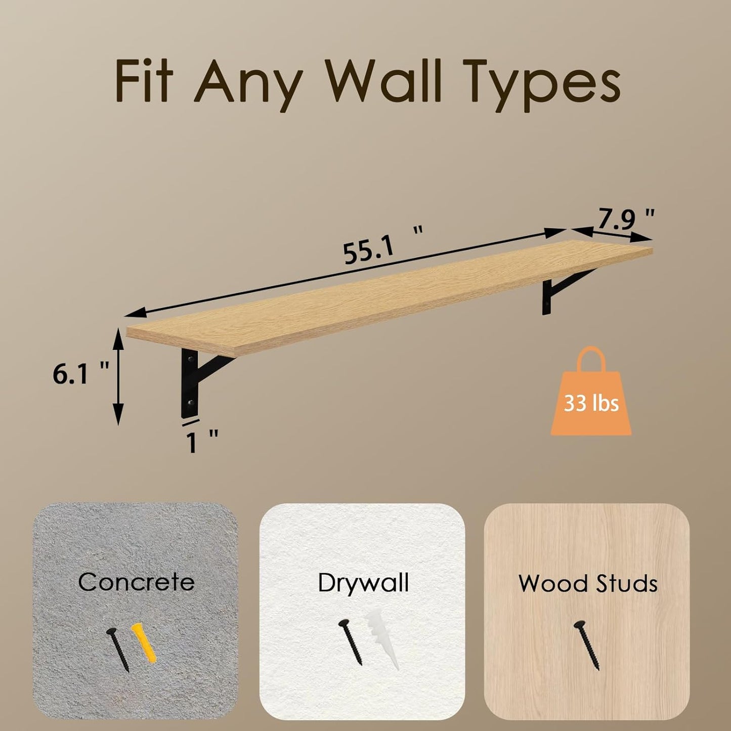 DINZI LVJ Long Wall Shelves, 55.1Inch Wall Mounted Shelves Set of 2, Extra Large Storage Ledges with Sturdy Metal Brackets for Living Room, Bathroom, Bedroom, Kitchen, Natural