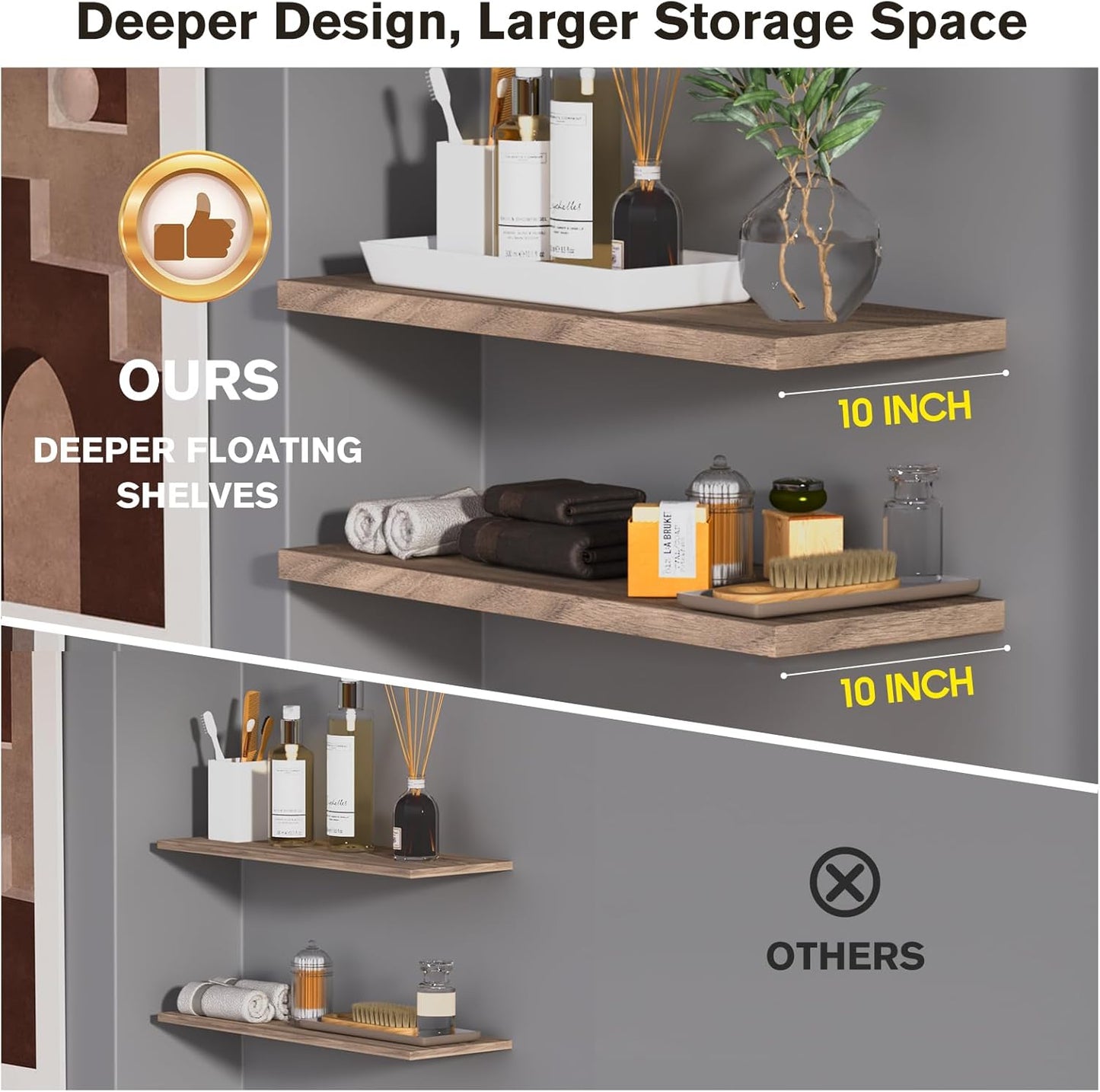 Wall Shelf Set of 2, Walnut Floating Shelves 30 in W x 10 in D x 1 in H, Wooden Floating Wall Shelf with Invisible Brackets for Living Room/Bedroom/Bathroom/Kitchen Storage and Decor